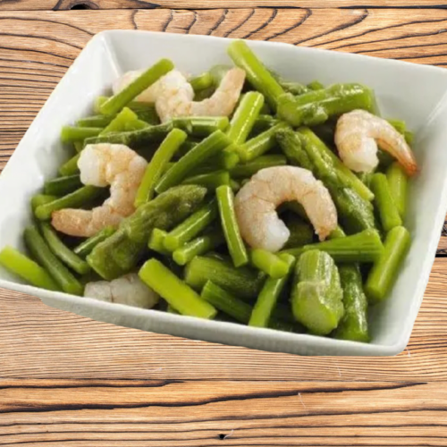 REVUELTO DE AJOS TIERNOS, TRIGUEROS Y GAMBAS